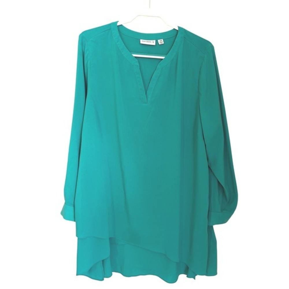 Susan Graver Teal Green Split V-Neck Roll-Tab Layered Hem Tunic Blouse 24W